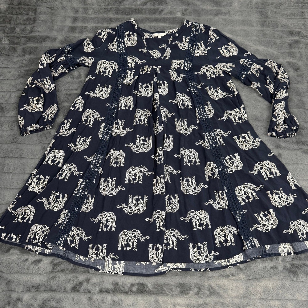Crown & Ivy Navy Blue Elephant Print Ladder Lace Shift Dress XS Long Sleeve